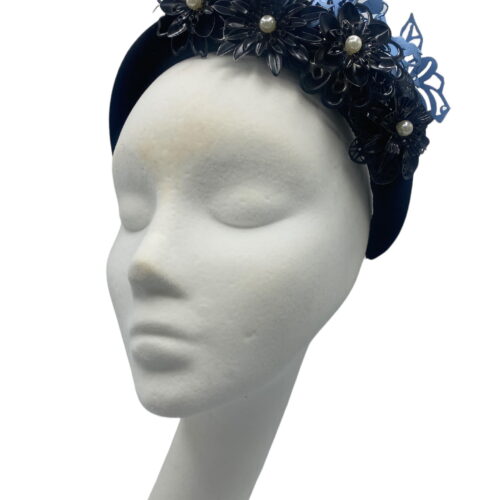 Black velvet headband crown with stunning baby blue laser cut detail.